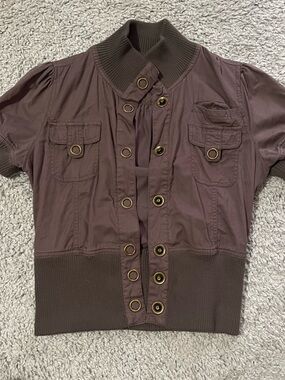 Vintage 2000s Forever 21 Brown Ribbed Collar Short Sleeve Jacket